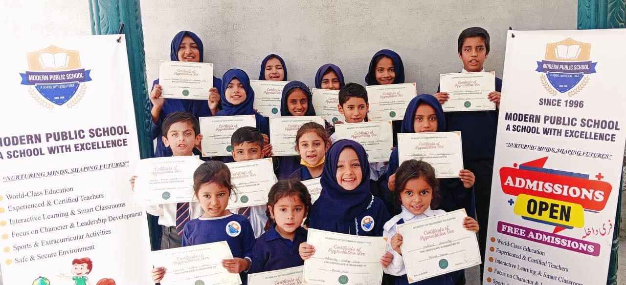 Students receiving certificates at Modern Public School